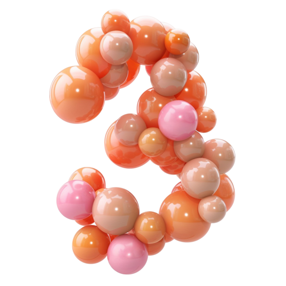 3d Rendering of a number 3 with Pink and Orange Spheres Generative-AI png