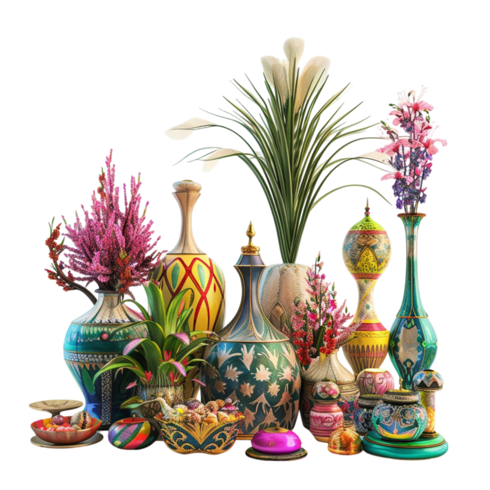 Songkran item set a set of four figurines featuring a variety of colorful flowers including red pink and red and pink blooms as well as Generative-AI png