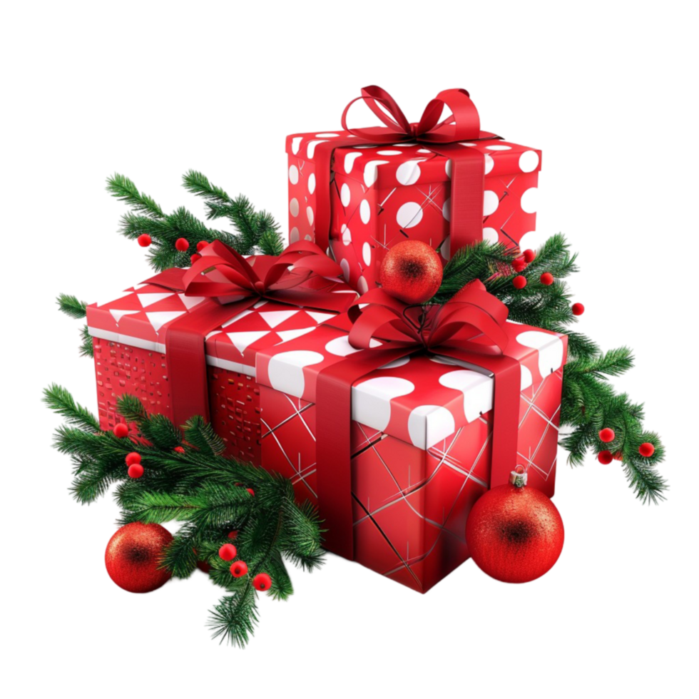 Christmas Gifts with Red bows and decorations on a white background Generative-AI png