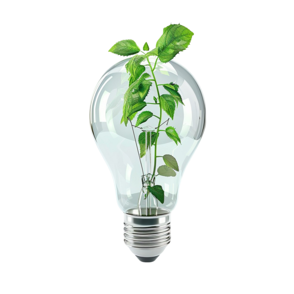 Green Light Bulb with Leaves on transparent backgroundGenerative-AI png