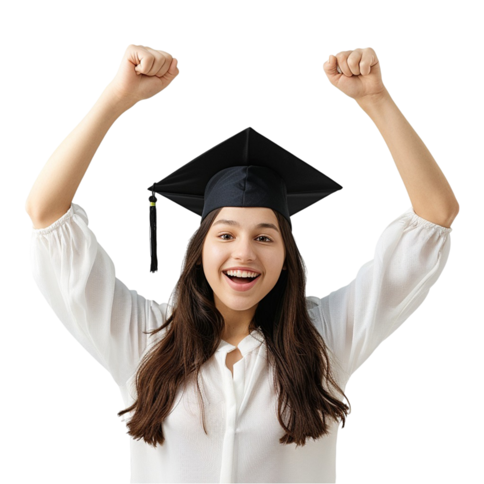 A Woman in a Graduation Cap and gown is celebrating on transparent Background Generative-AI png
