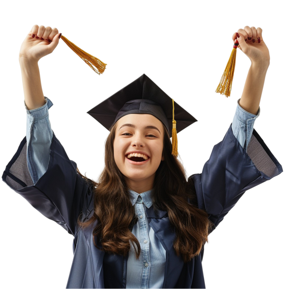 A Graduate student Celebrating with her arms up on transparent Background Generative-AI png
