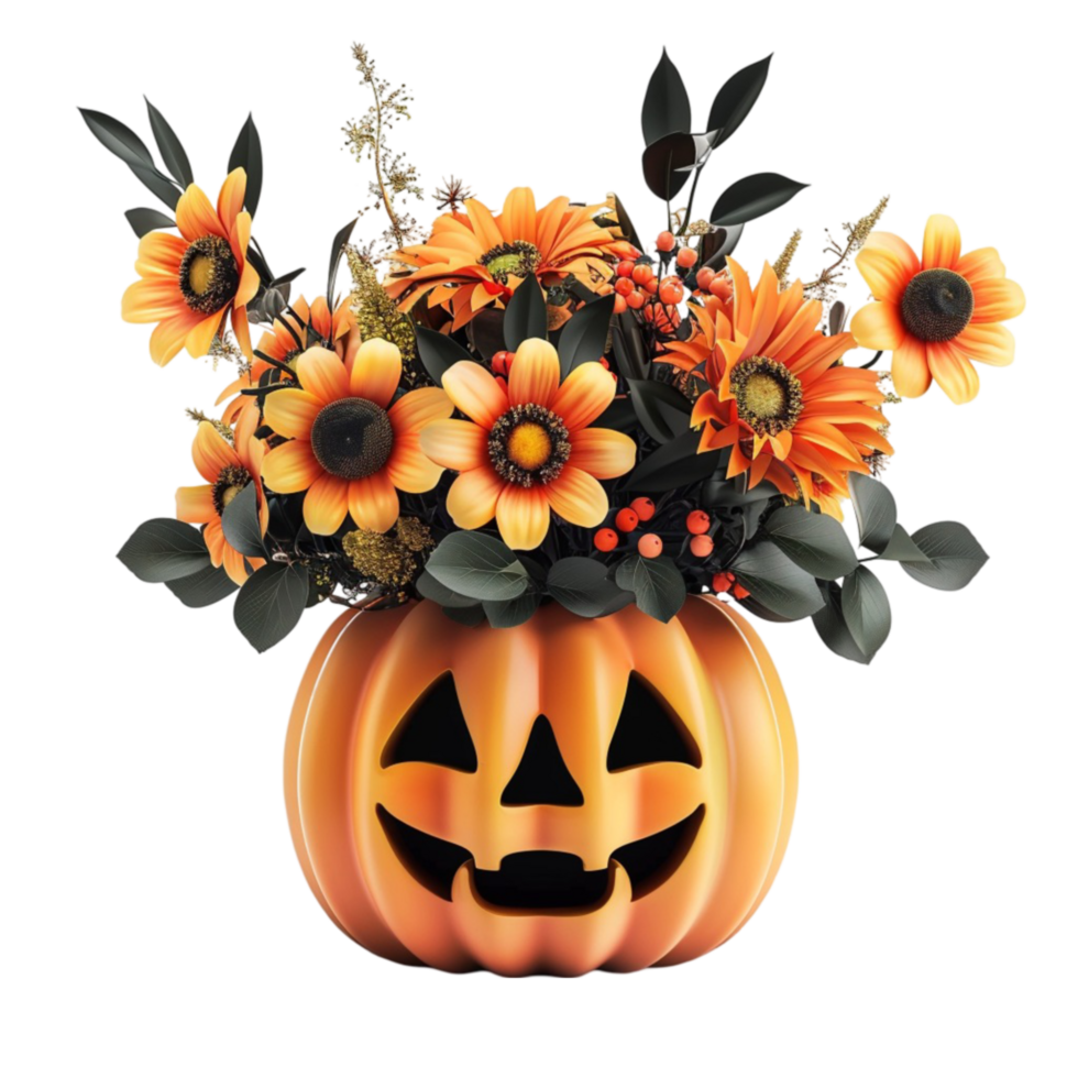 There is a pumpkin with a face surrounded by sunflowers on transparent Background Generative-AI png