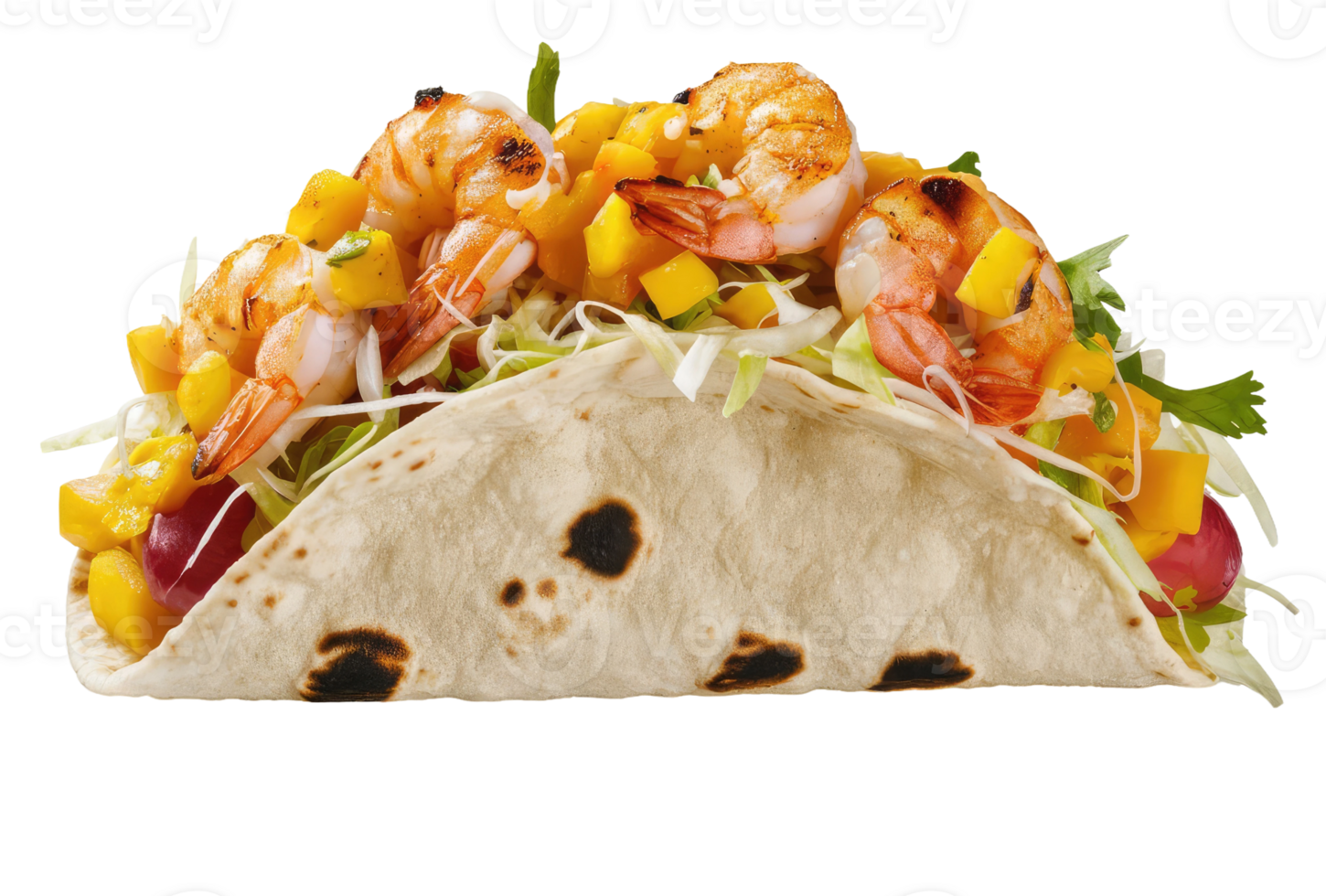 Isolated taco with seasoned meat, vegetables, and salsa png