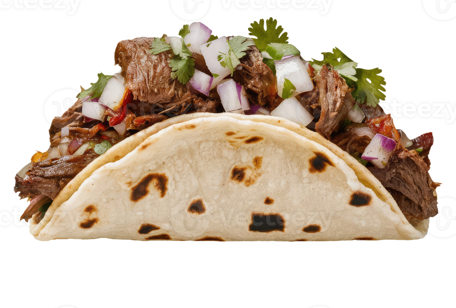 Isolated taco with seasoned meat, vegetables, and salsa png