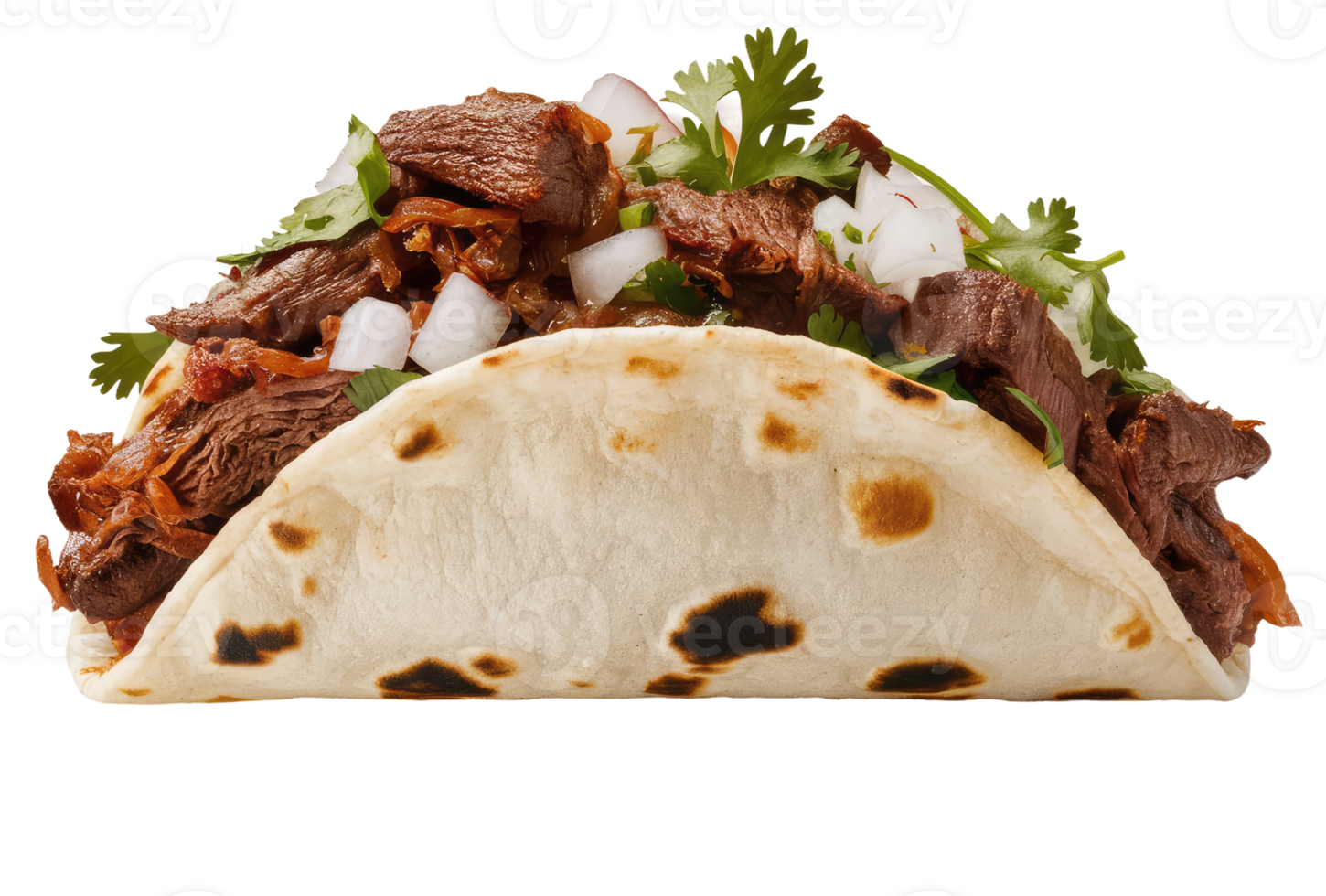 Isolated taco with seasoned meat, vegetables, and salsa png