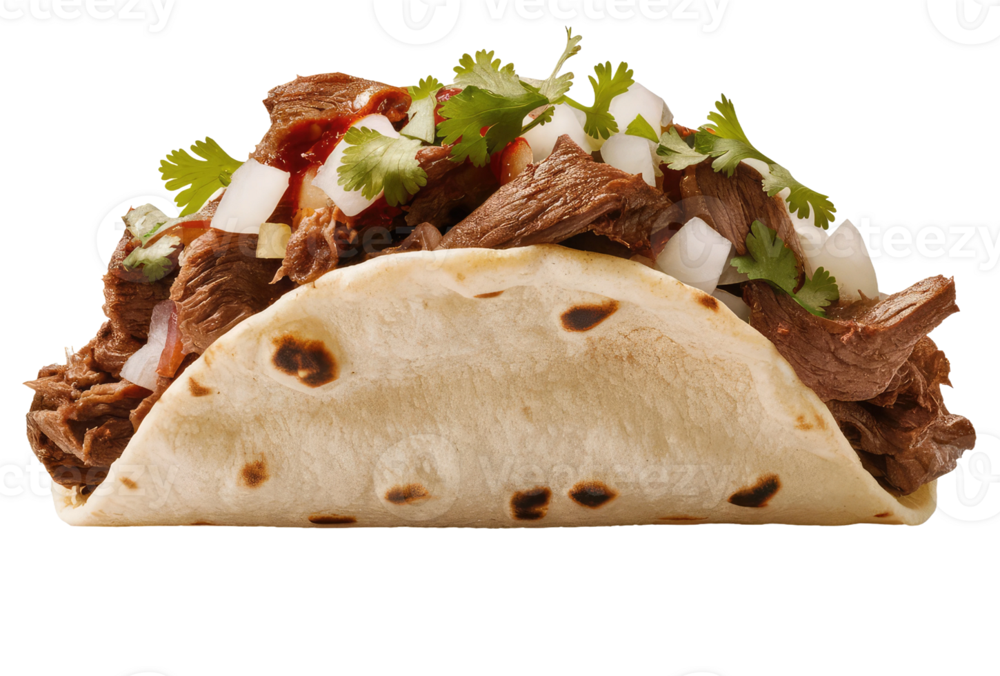 Isolated taco with seasoned meat, vegetables, and salsa png