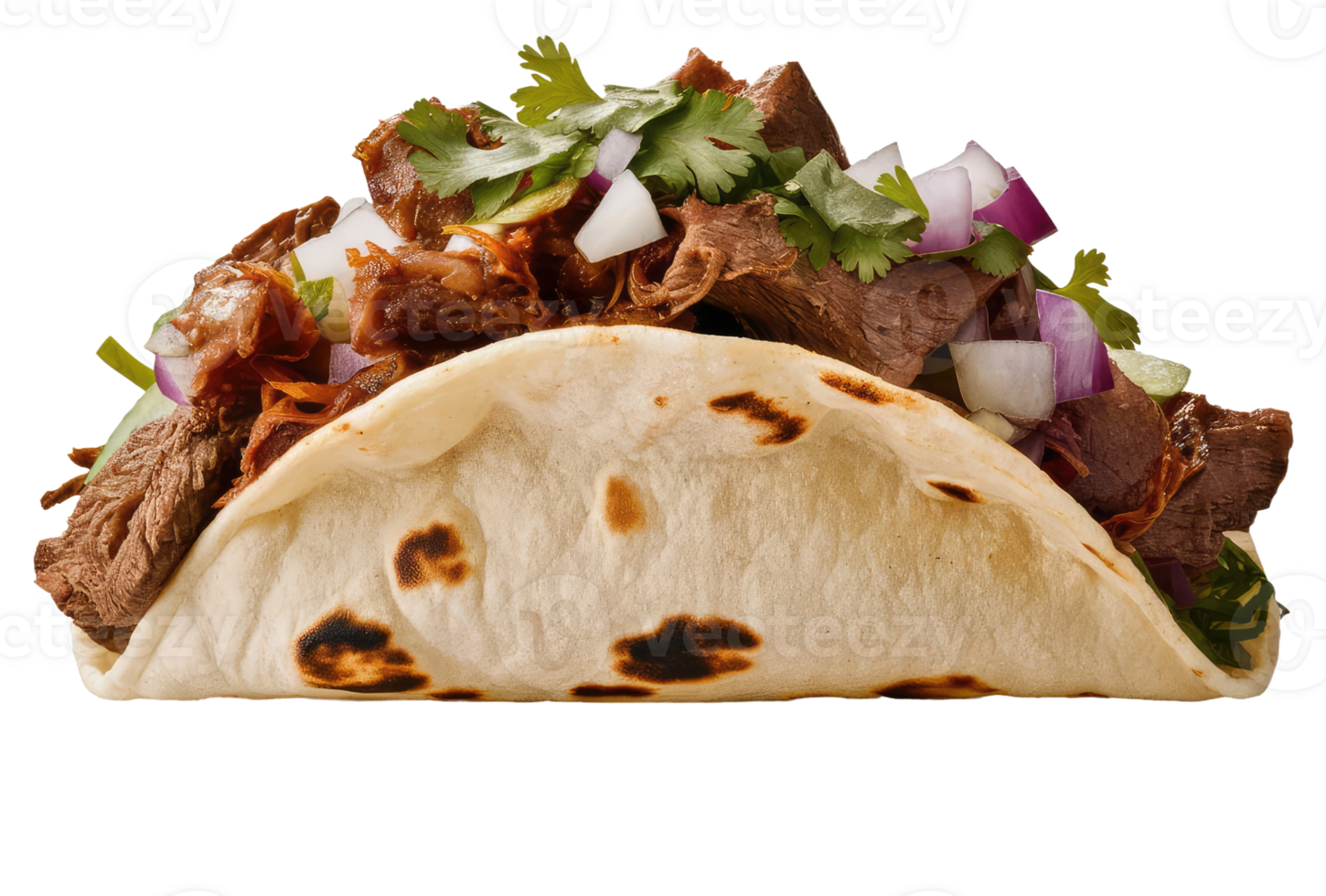 Isolated taco with seasoned meat, vegetables, and salsa png