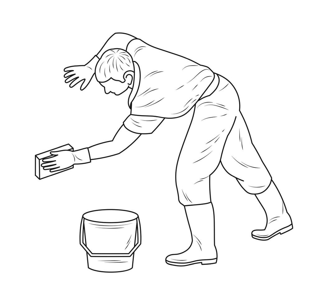 Car wash worker with washcloth bucket, sketch silhouette vector