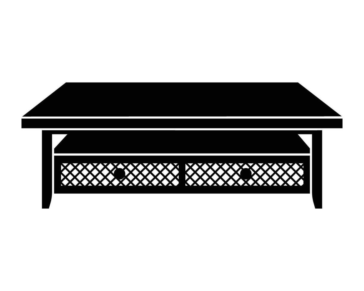 Coffee table icon design. Rustic coffee table with gridded elements, furniture for living room decor. Black silhouette illustration isolated on white background. vector