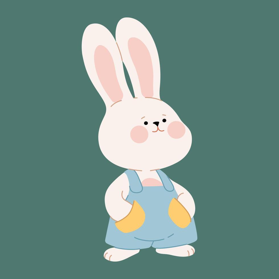 Cute happy bunny boy. Cartoon rabbit character for a Happy Valentine's Day, Easter, or Birthday greeting card, invitation, sticker, or banner. Flat charaster hare illustration. vector