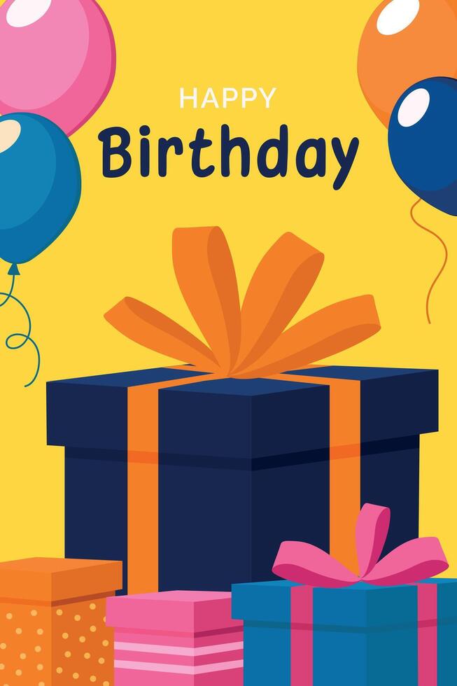 Bright Happy Birthday card with gifts and balloons. vector