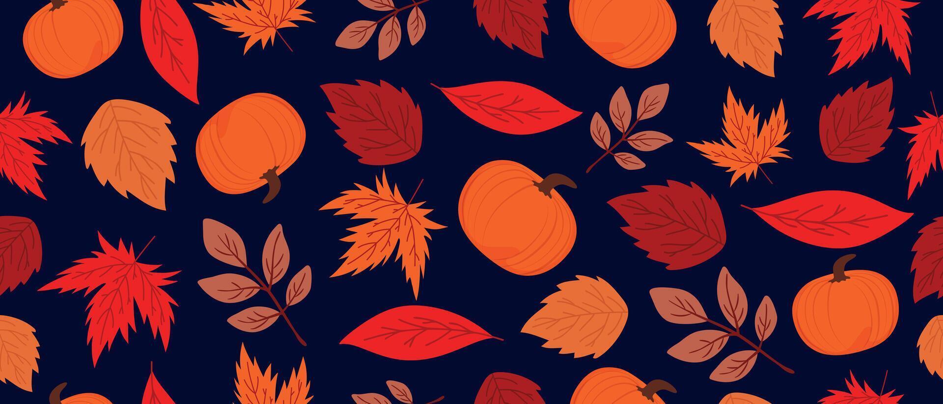 Bright autumn seamless pattern with autumn leaves and pumpkin on a blue background. vector