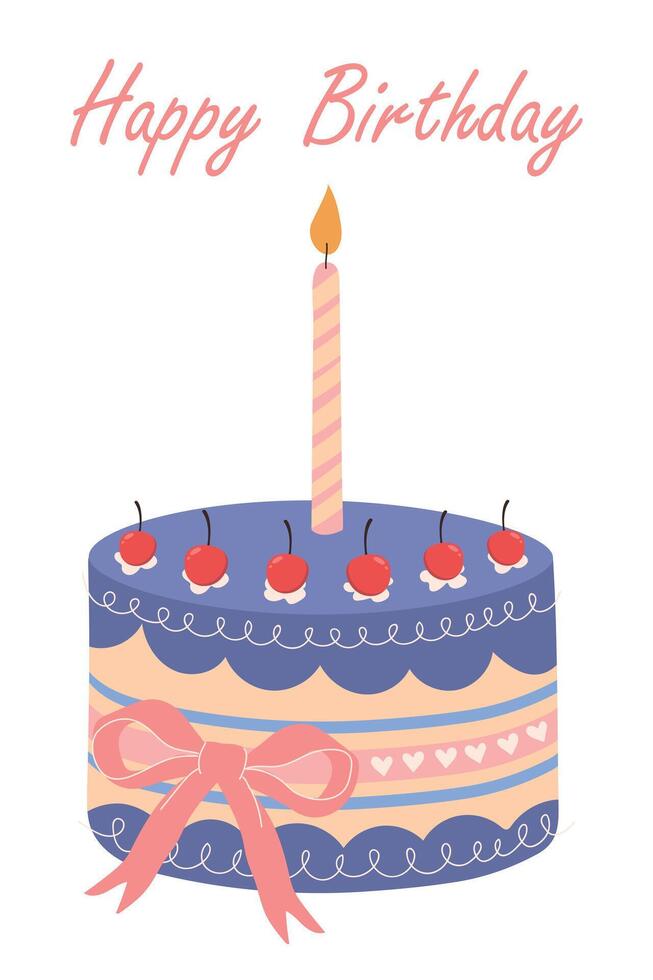 Birthday cake with candles and bow. Cherry cake and inscription - Happy birthday. vector