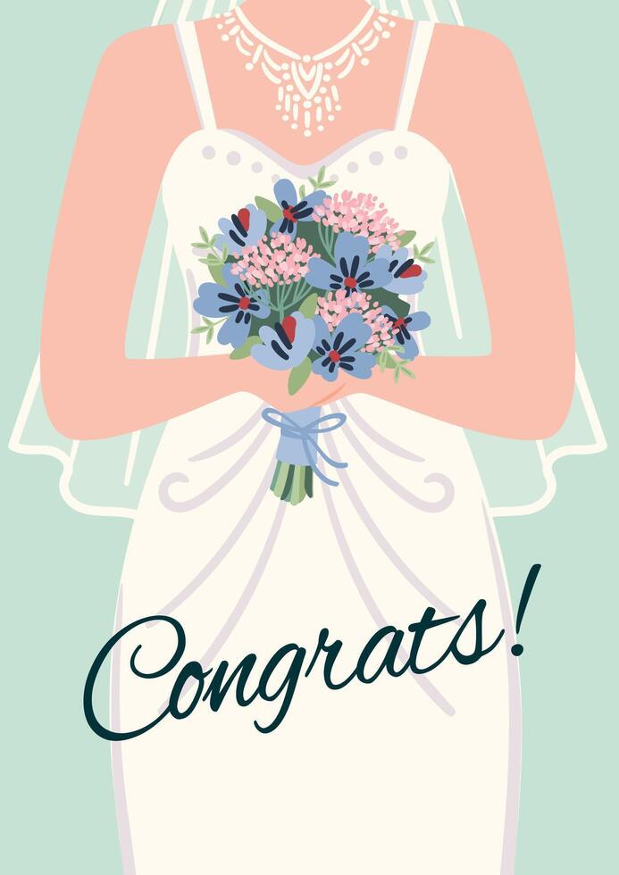 Illustration of cute bride with bouquet of flowers. card for wedding concept and other uses vector