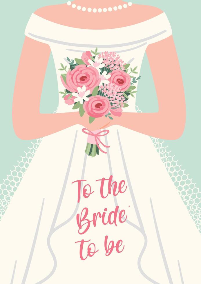 Illustration of cute bride with bouquet of flowers. card for wedding concept and other uses vector