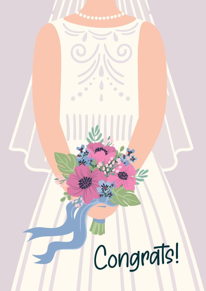 Illustration of cute bride with bouquet of flowers. card for wedding concept and other uses vector