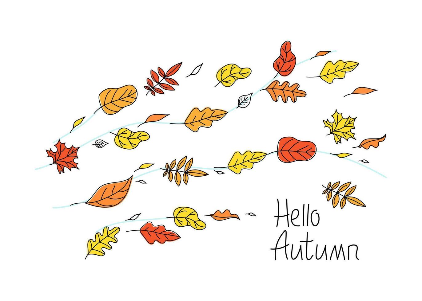 Set of autumn leaves. Hand lettering Hello Autumn. Banner, background with leaves. Autumn wind. The leaves are flying. Drawings, doodles. Color illustration. White isolated background. vector