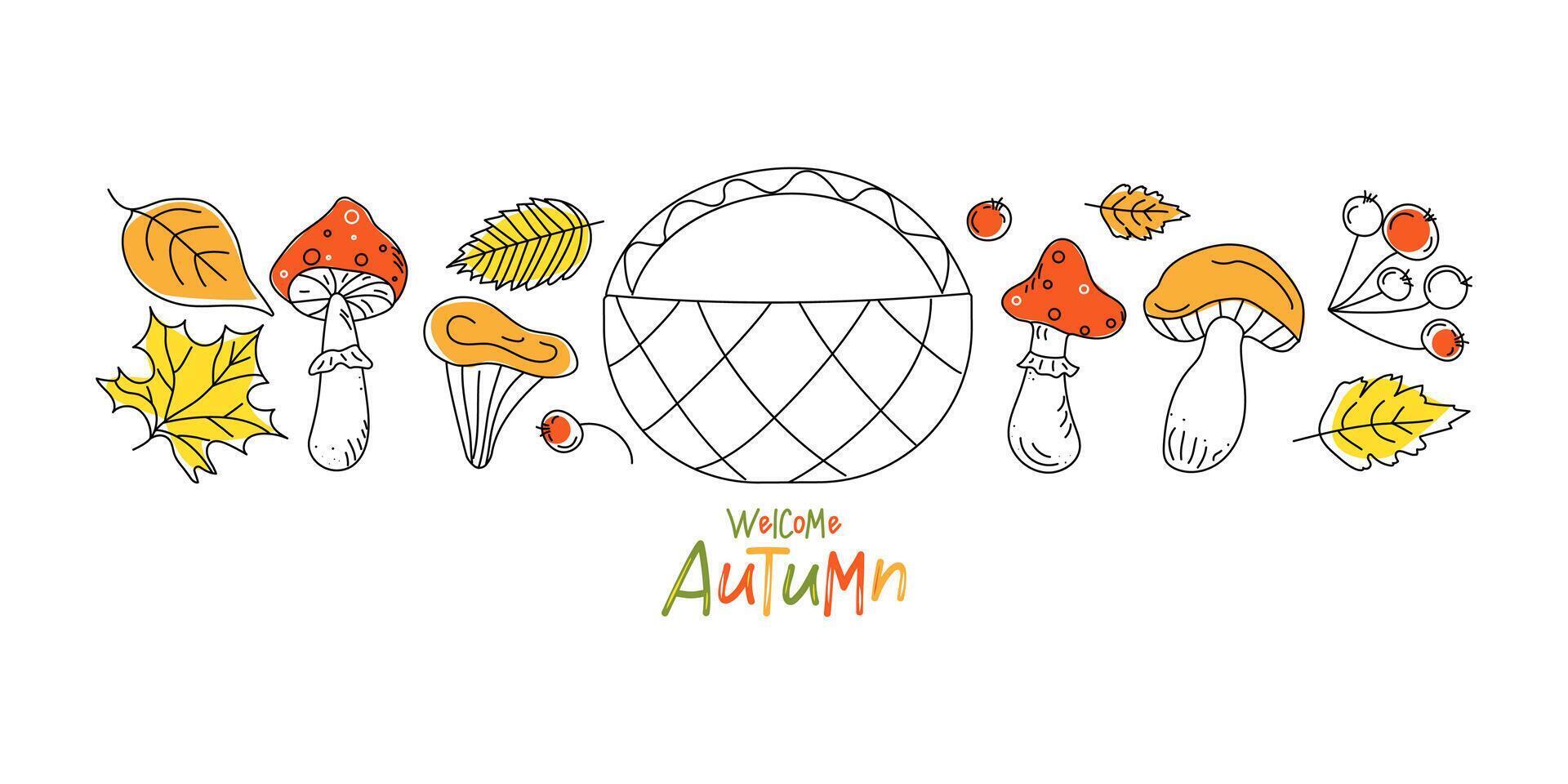 Welcome Autumn, set of linear icons, doodles. Isolated elements, basket. Graphics, drawings, mushrooms, berries, autumn leaves in black outline. Isolated white background. vector