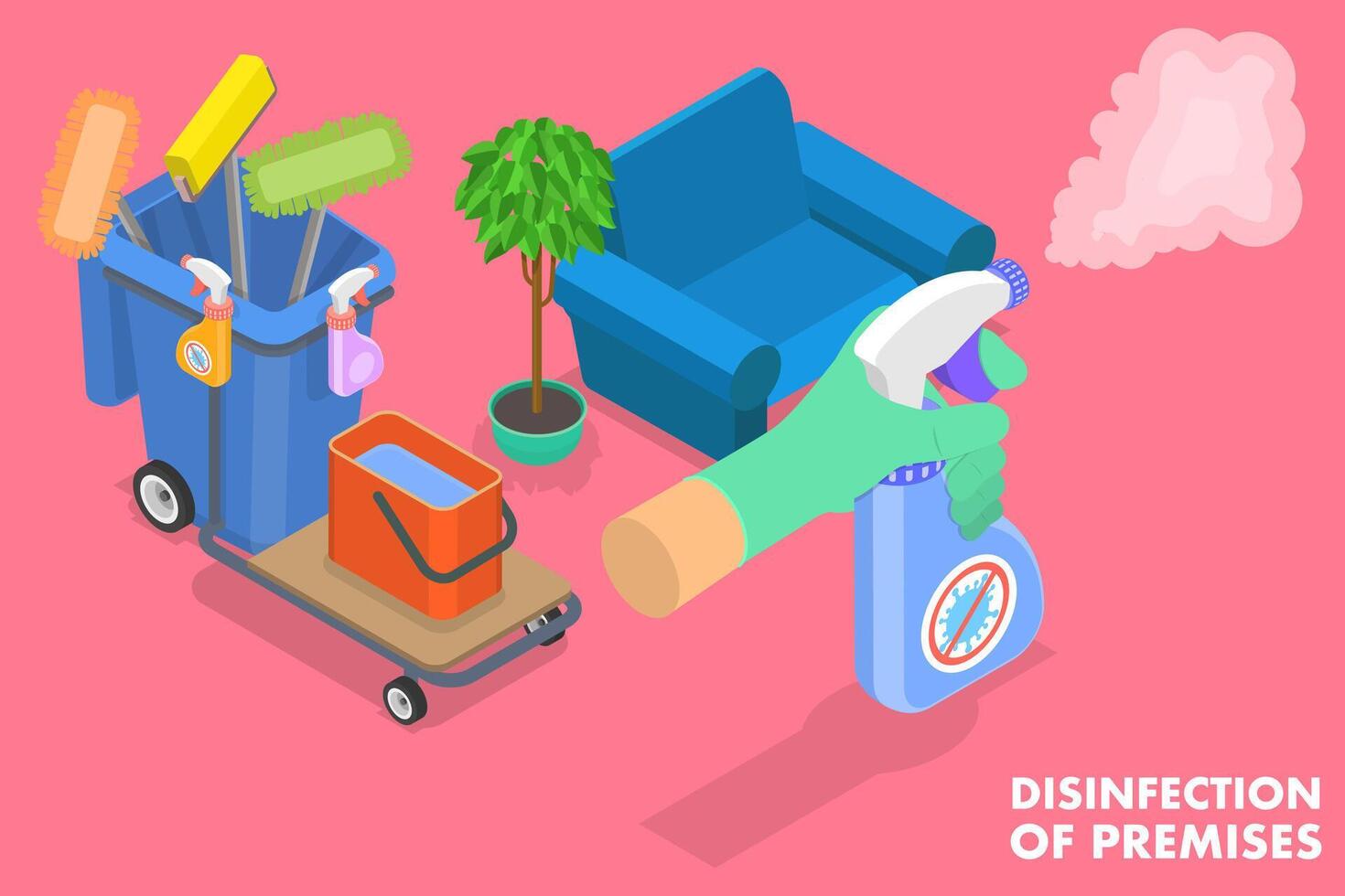 3D Isometric Flat Conceptual Illustration of Disinfection of Premises. vector