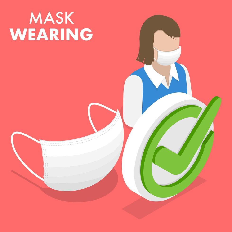 3D Isometric Flat Conceptual Illustration of Face Mask Wearing. vector