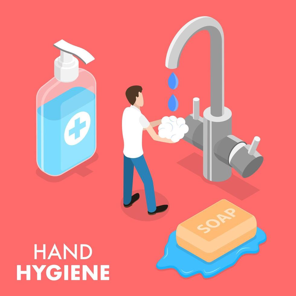 3D Isometric Flat Conceptual Illustration of Hand Hygeine. vector