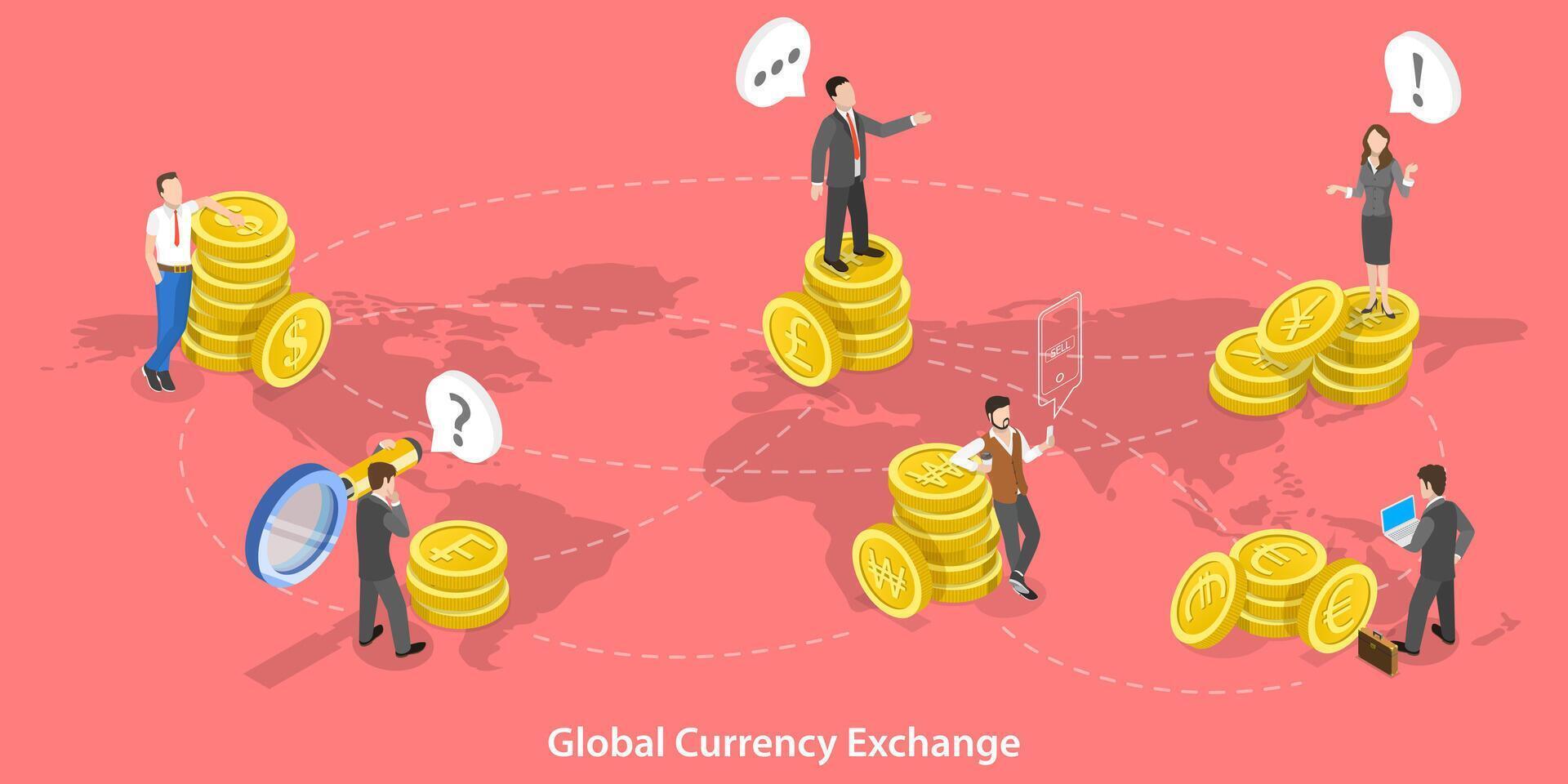 3D Isometric Flat Conceptual Illustration of Global Currency Exchange. vector