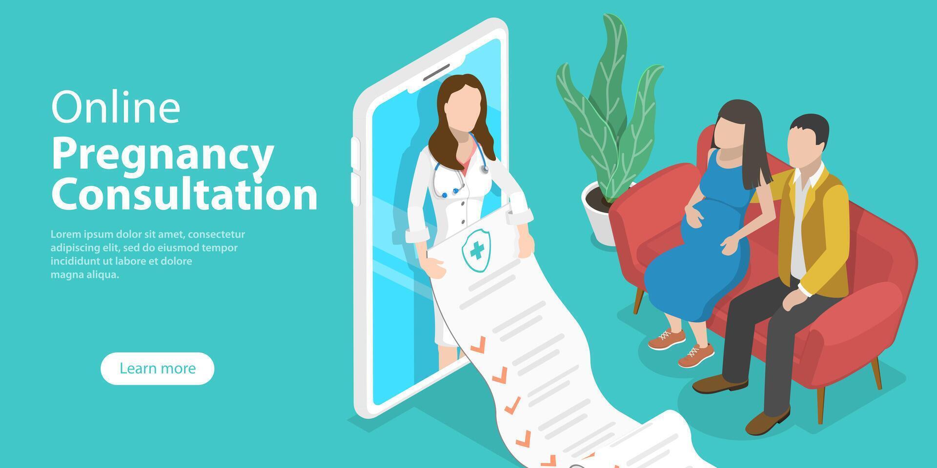 3D Isometric Flat Conceptual Illustration of Online Pregnancy Consultation. vector