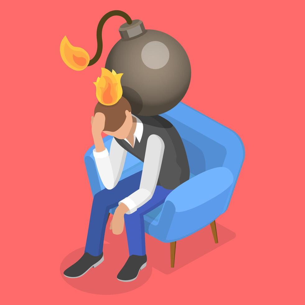 3D Isometric Flat Conceptual Illustration of Personal Burnout. vector