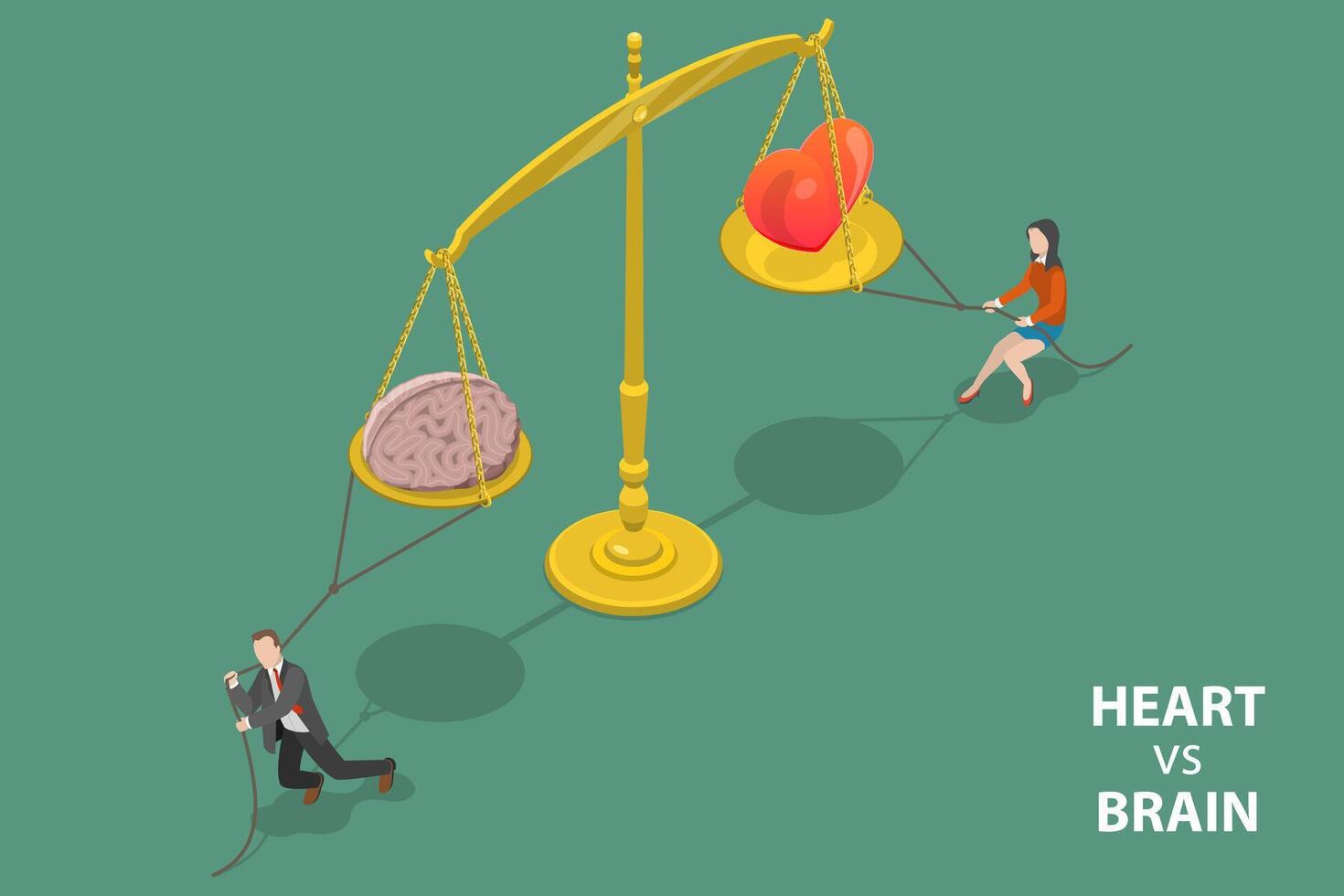 3D Isometric Flat Conceptual Illustration of Brain vs Heart. vector