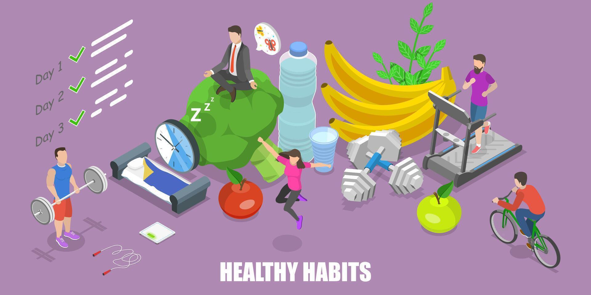 3D Isometric Flat Conceptual Illustration of Healthy Habits, Exercising. vector