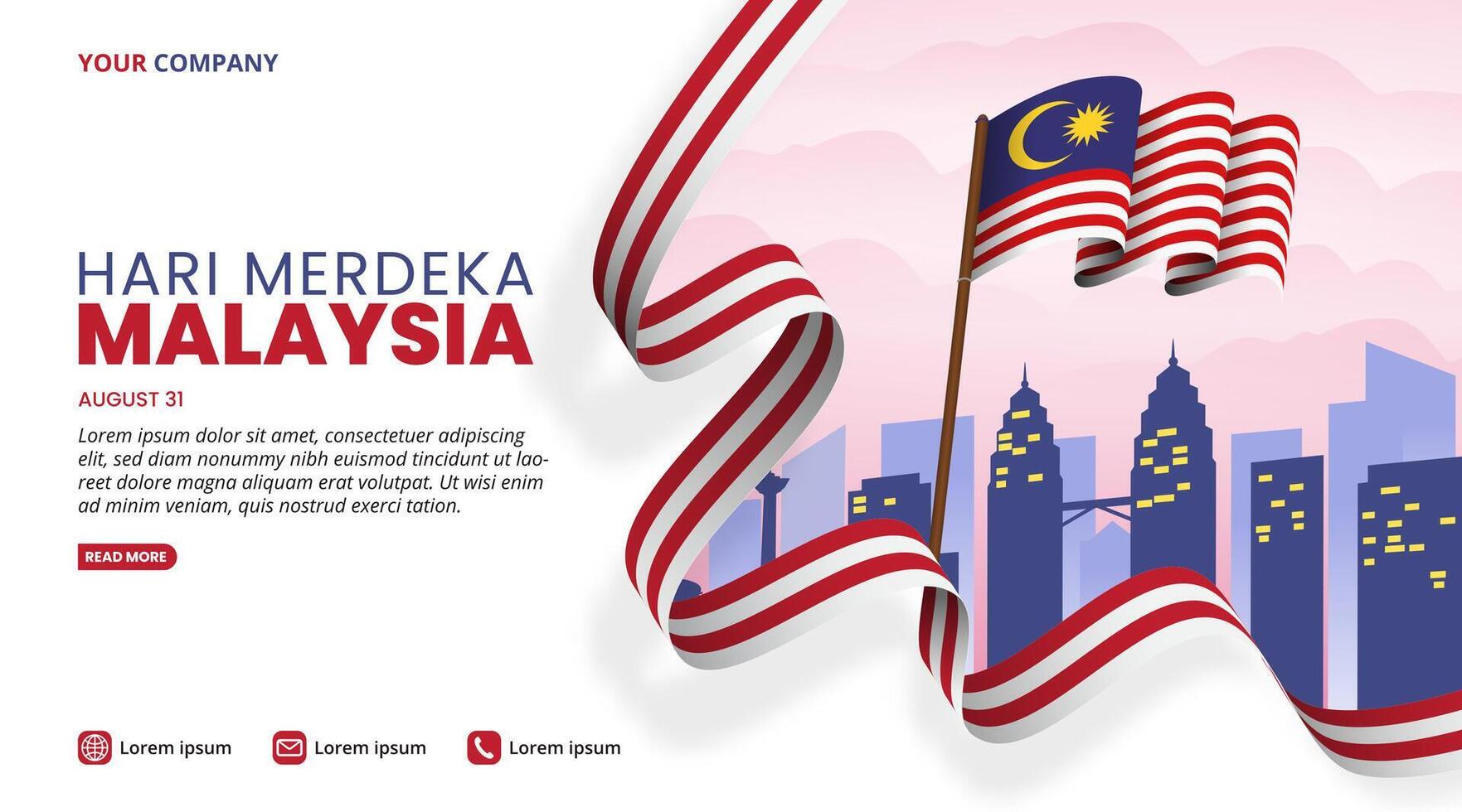 Hari Merdeka Malaysia or Malaysia Independence Day background with a waving flag and buildings vector