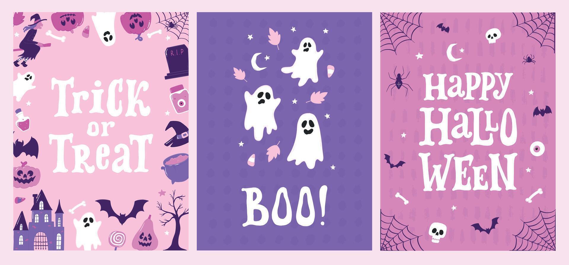 Halloween theme cards, posters, banners, prints with retro lettering quotes and doodles for holiday decor, crafting projects. EPS 10 vector
