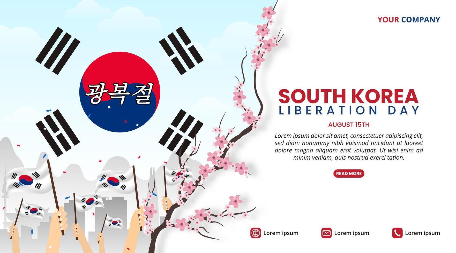 Gwangbokjeol or South Korea Liberation Day background with cherry blossom and waving flags vector