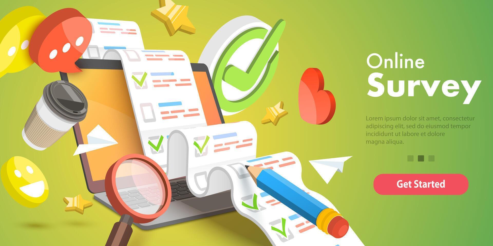 3D Isometric Flat Conceptual Illustration of Online Survey. vector