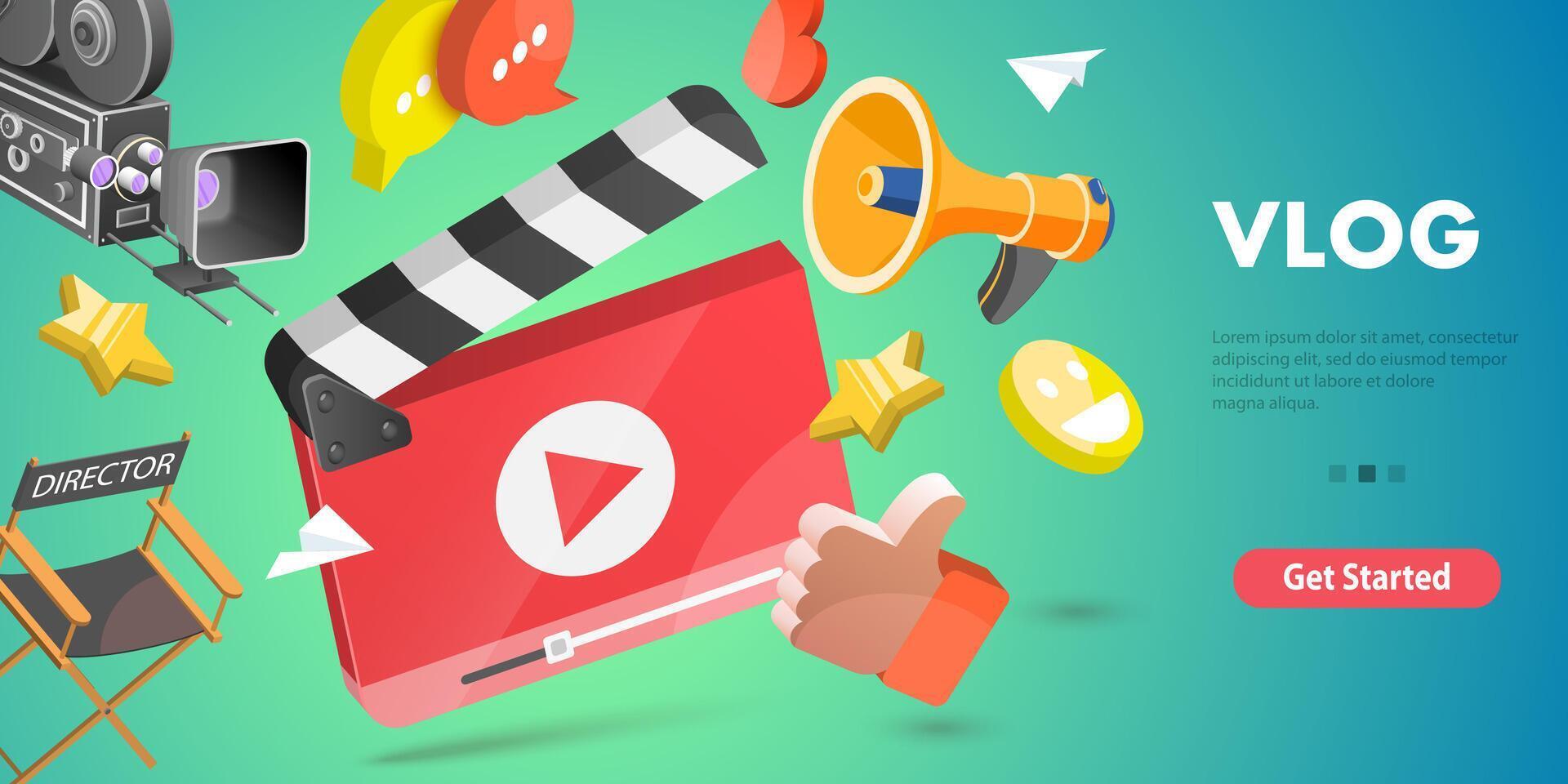 3D Isometric Flat Conceptual Illustration of Vlog, Content Creating vector