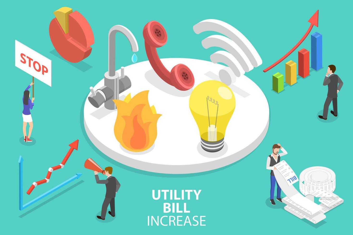 3D Isometric Conceptual Illustration of Utility Bill Increase. vector