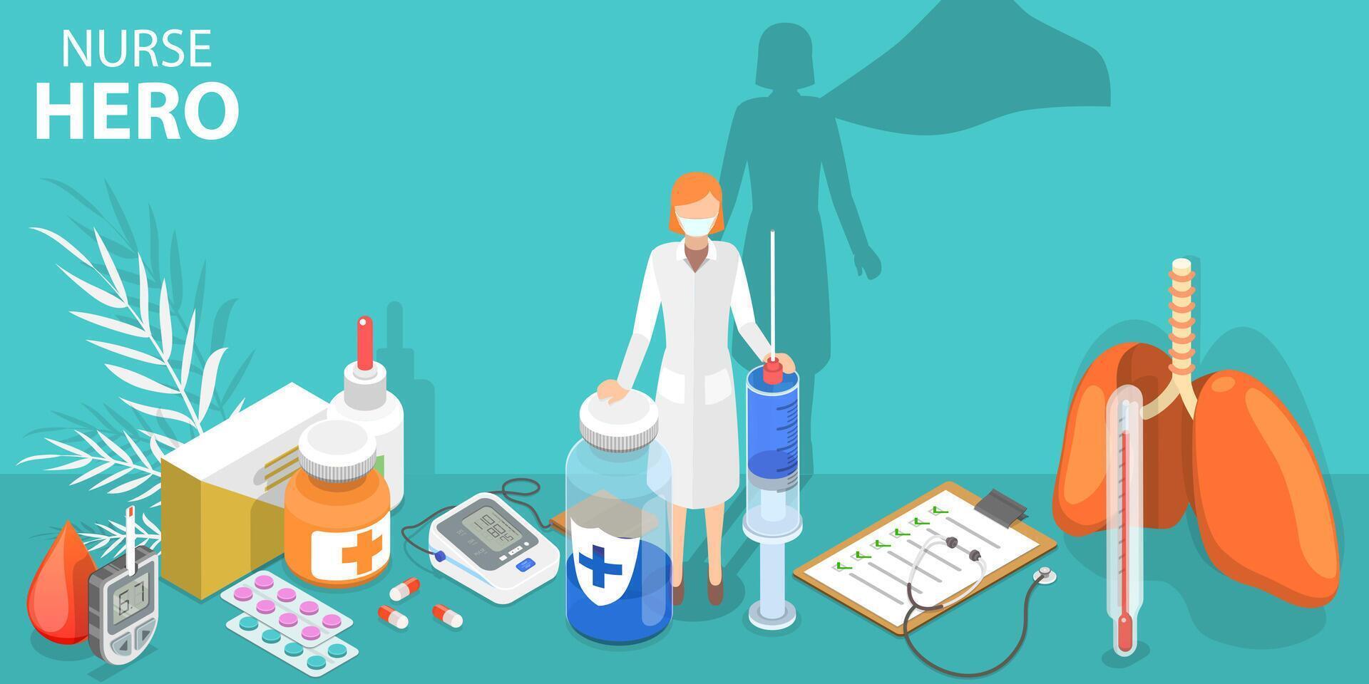 3D Isometric Flat Conceptual Illustration of Nurse Hero. vector