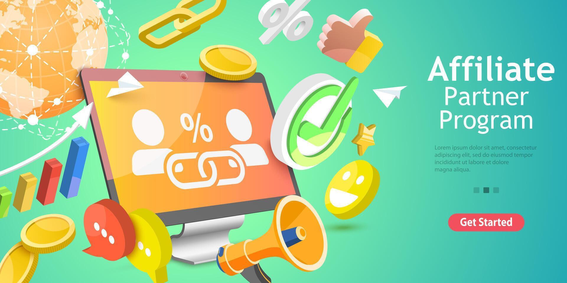 3D Isometric Flat Conceptual Illustration of Affiliate Sales. vector