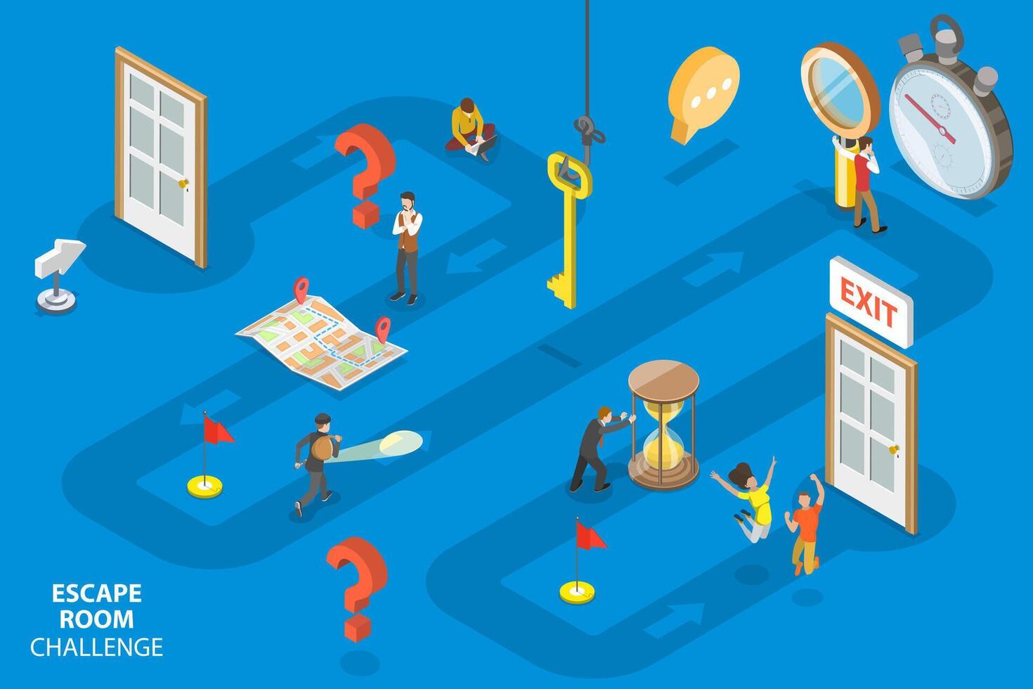 3D Isometric Flat Conceptual Illustration of Escape Room Challenge. vector