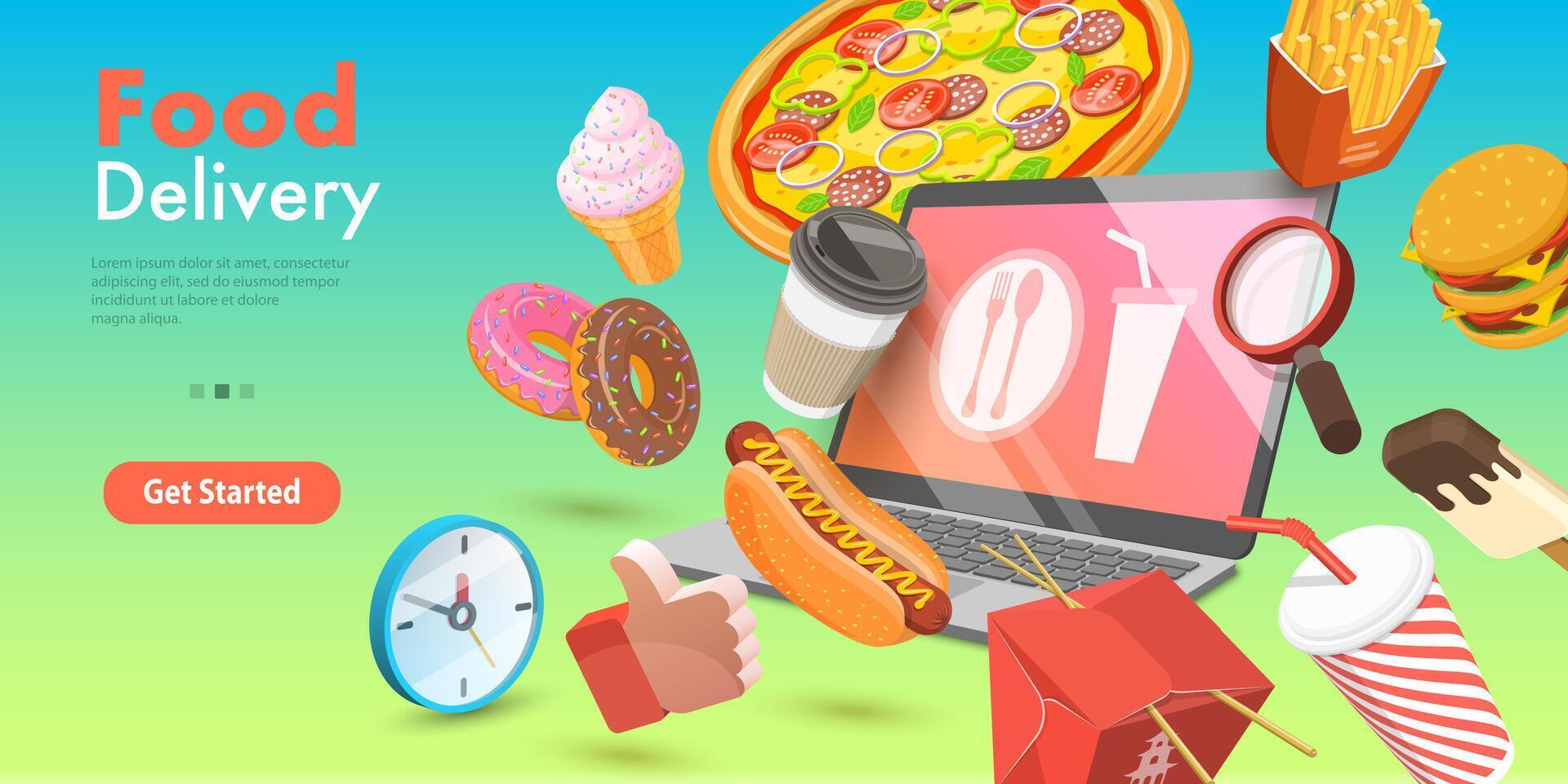 3D Conceptual Illustration of Restaurant and Cafe Online Food Ordering Web Service vector