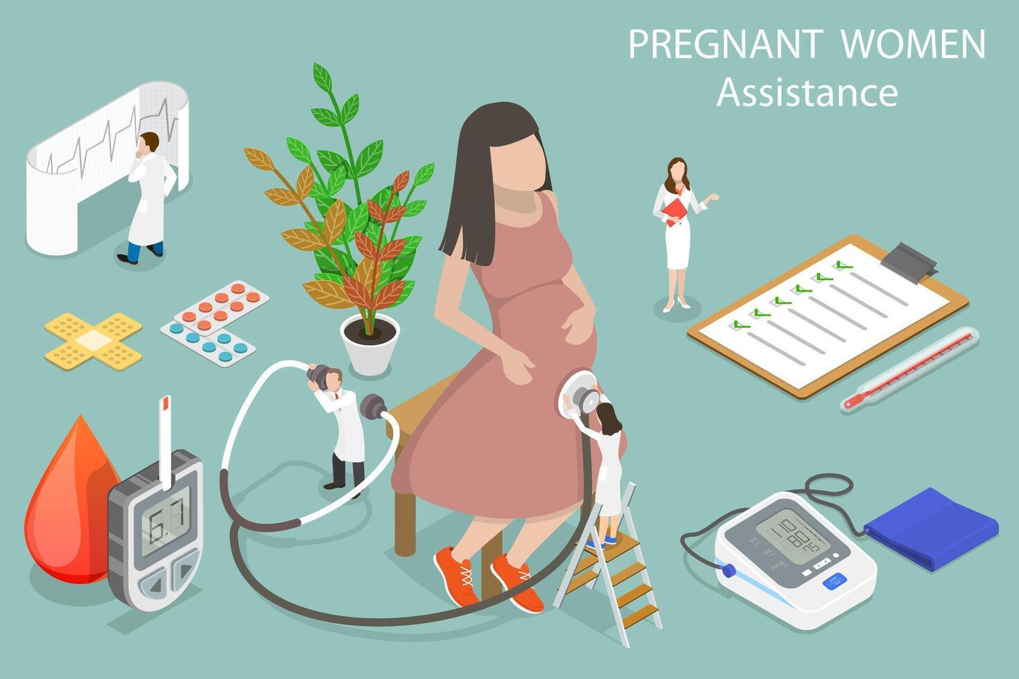 3D Isometric Flat Conceptual Illustration of Pregnant Woman Assistance. vector