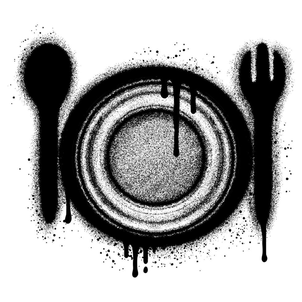 Plate, spoon and fork graffiti with black spray paint. illustration. vector