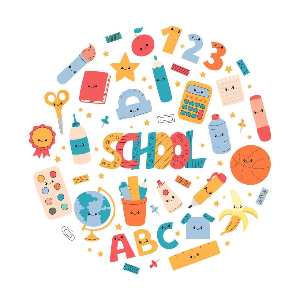 School supplies round design set. circle shaped illustration of funny educational characters pen, book, ruler, letters, numbers. Cute school lettering and office stationery elements vector