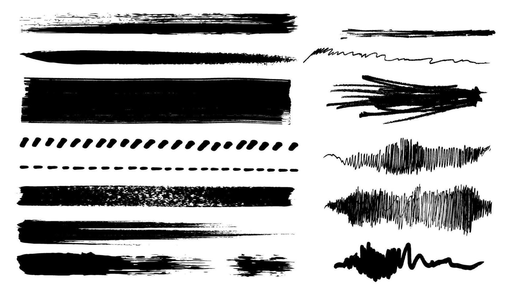 Set of brush stroke, pencil, charcoal. crayon hand drawn, chalk, underline, dots. vector