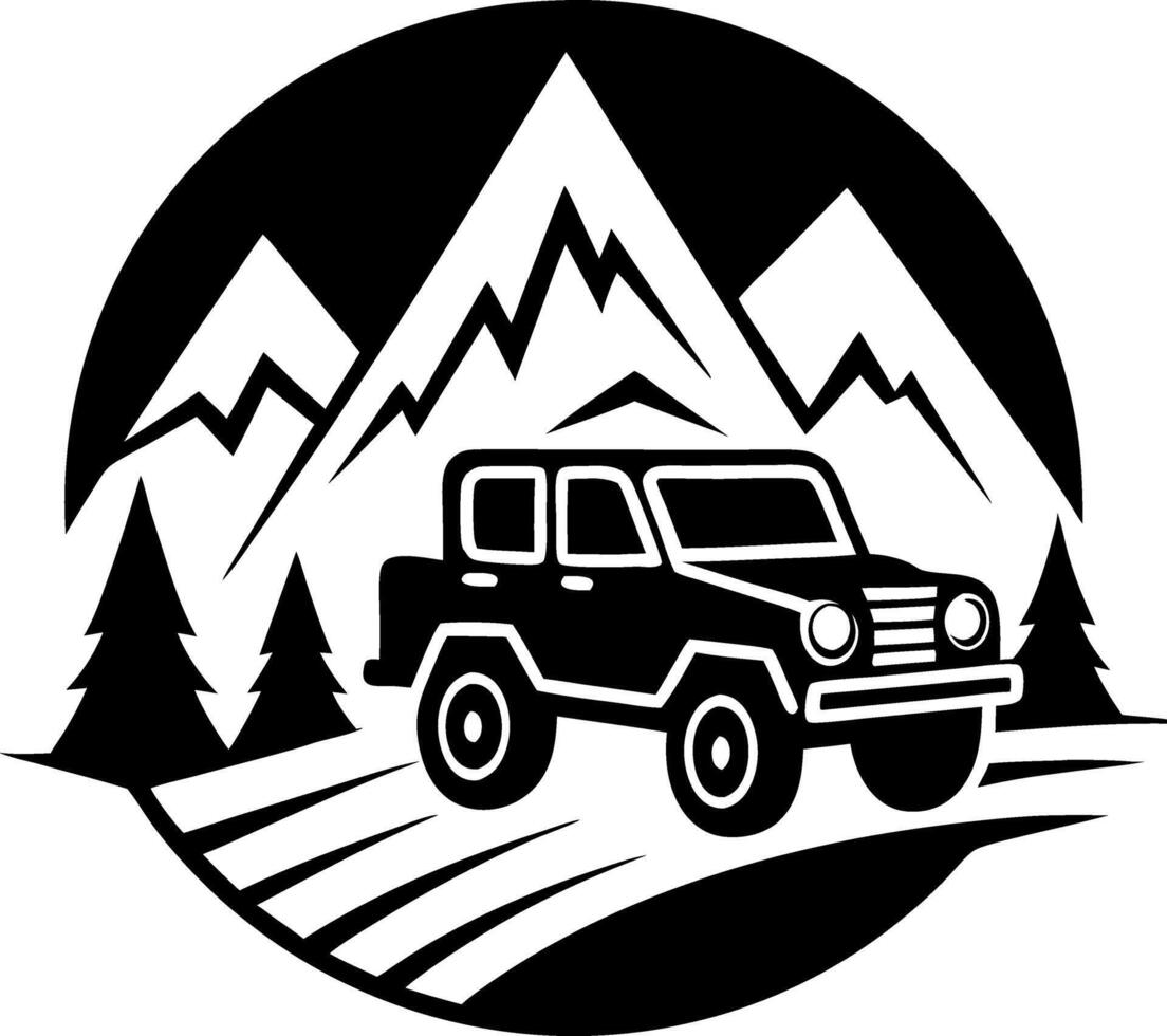 A black and white image of a jeep driving down a mountain road vector