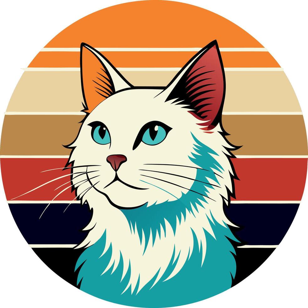 Retro illustration of a cat with colorful background in a circular design vector