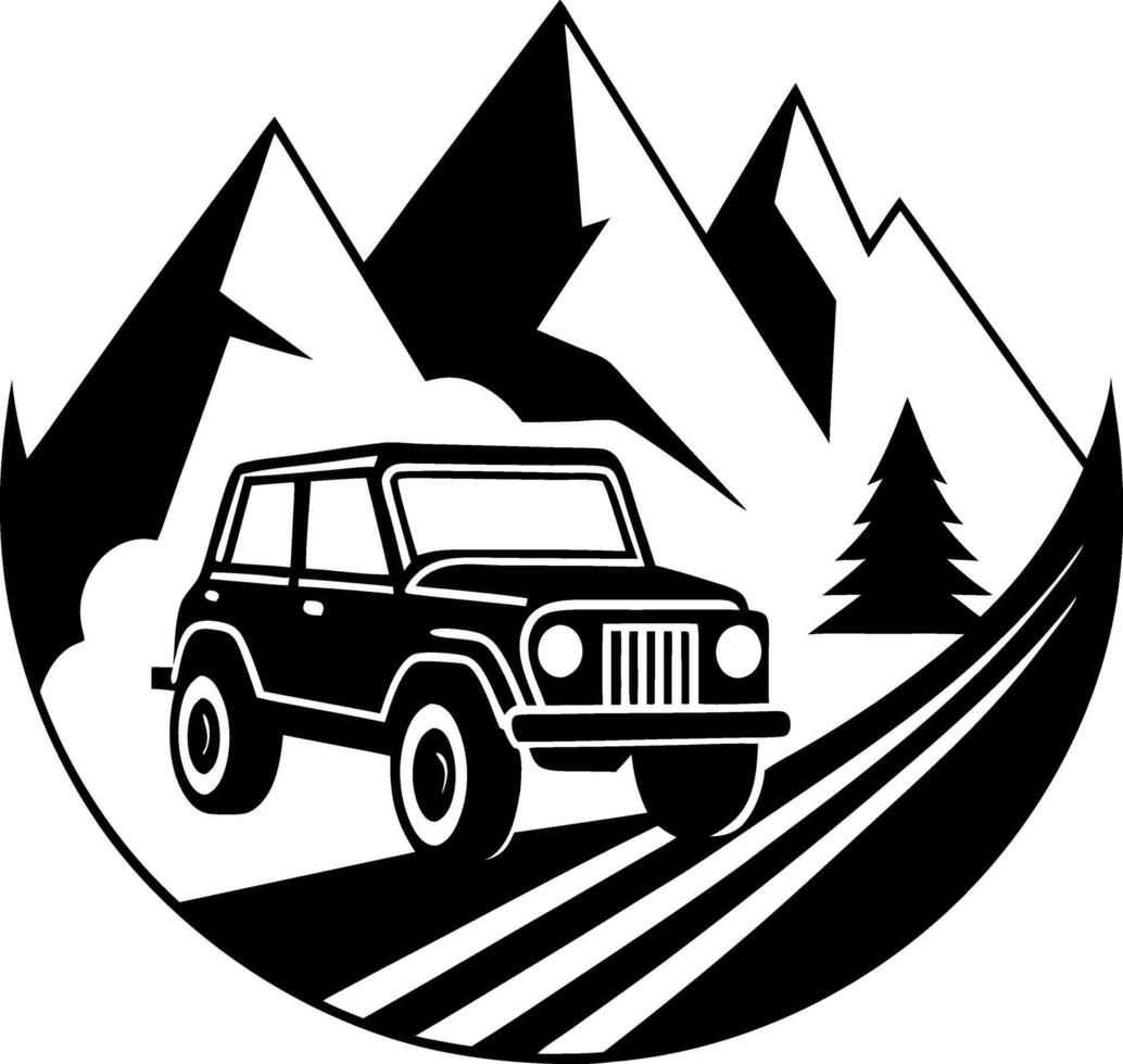 A black and white image of a jeep driving down a mountain road vector