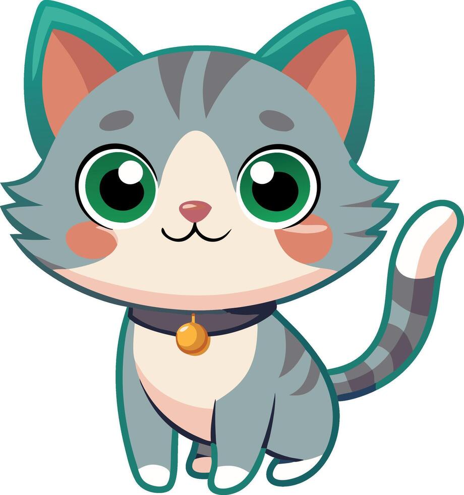 A cute cat with green eyes and a collar sits on a white background vector