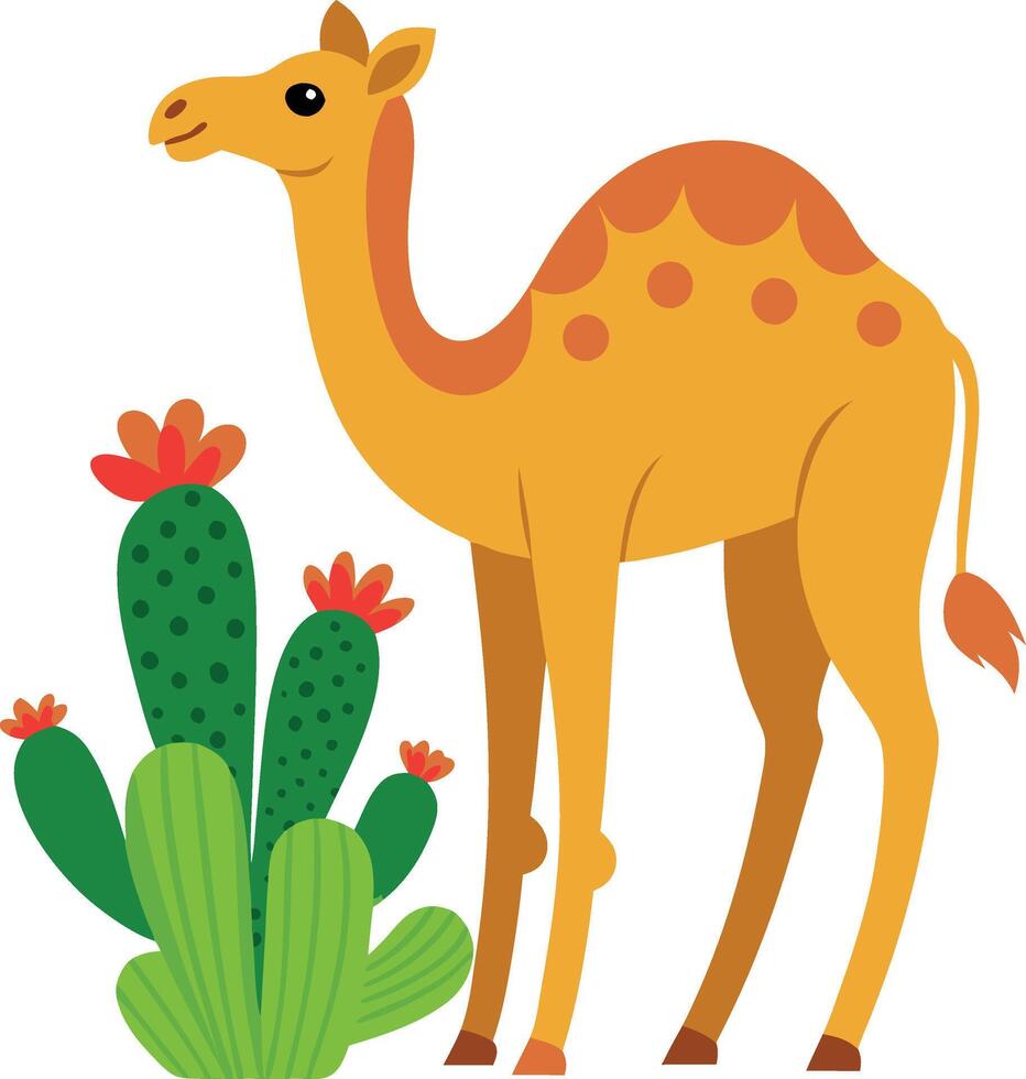 Cute cartoon camel standing next to cactus plant in desert illustration vector